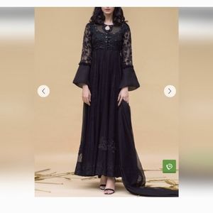 Pakistani designer Ansab Jahangir black chikankari pishwas frock style in medium
